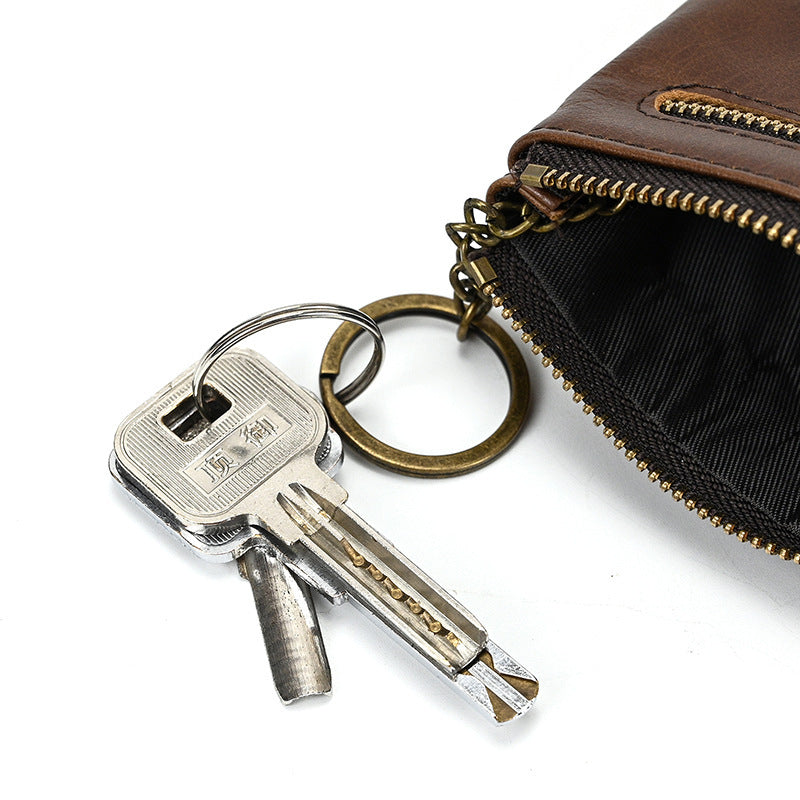 Retro Crazy Horse Leather Coin Purse With Key Ring