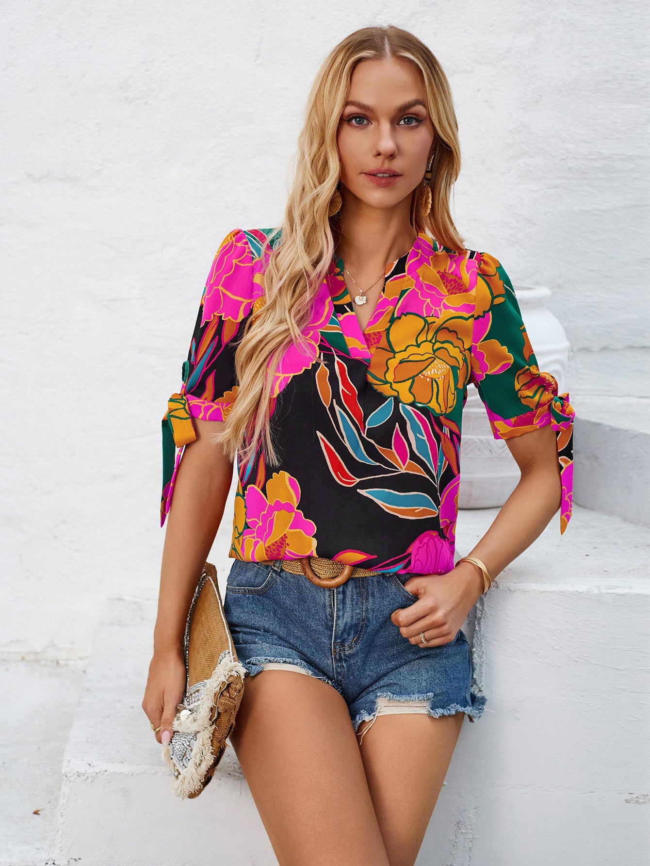 Fashion Printed Casual 2V Collar Cuff Bundle Top
