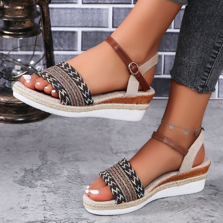Ethnic Style One Strap Sandals Platform Wedge Buckle Plus Size