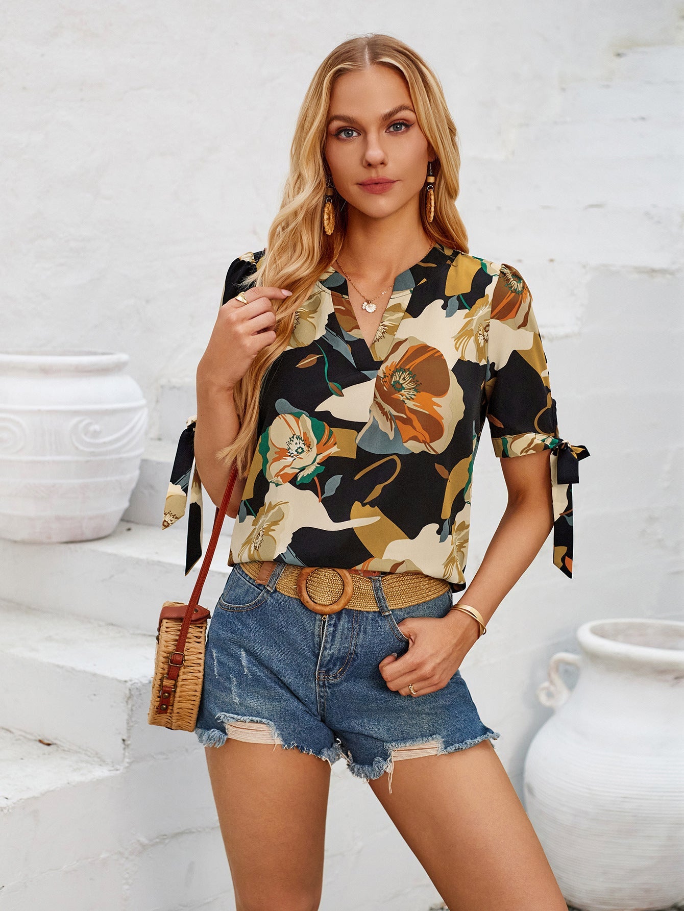 Fashion Printed Casual 2V Collar Cuff Bundle Top