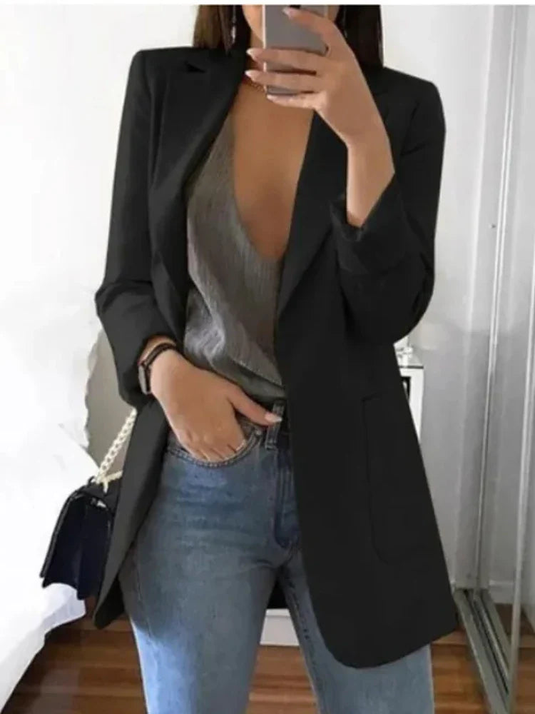 Suit Jacket Women Blazer Clothing Cardigan Autumn Winter Overcoat Solid Large Topcoat Lapel Jacket Grace Fashion Outer Wear