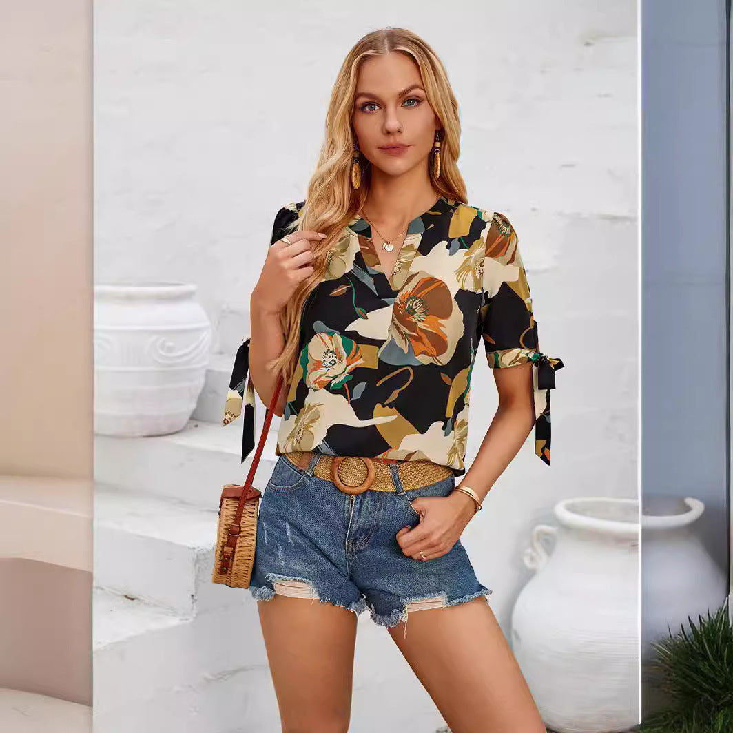 Fashion Printed Casual 2V Collar Cuff Bundle Top