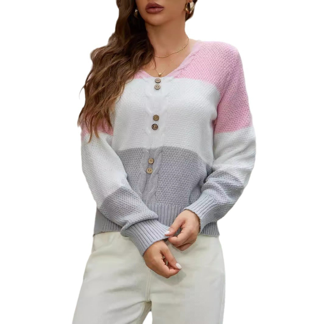 Long Sleeve Sweater Fashion Colorblock Button Top