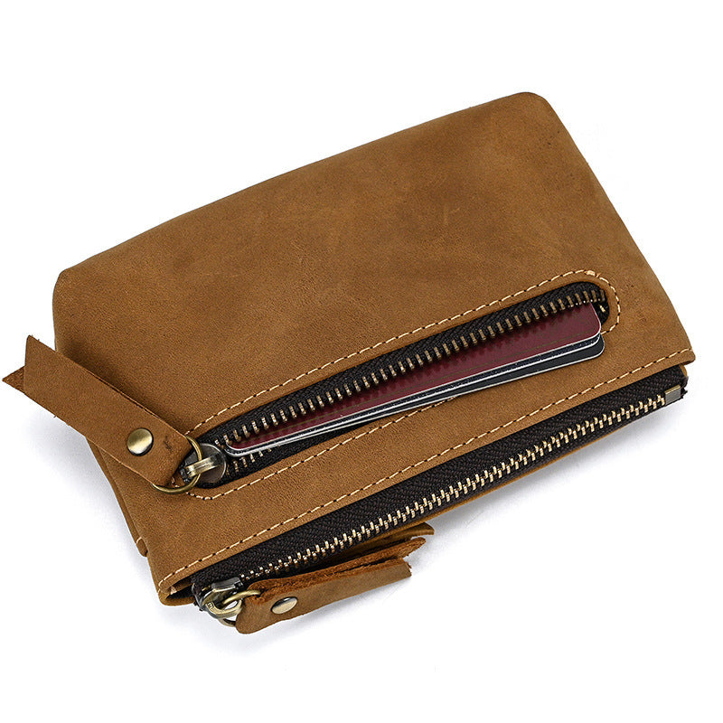 Retro Crazy Horse Leather Coin Purse With Key Ring