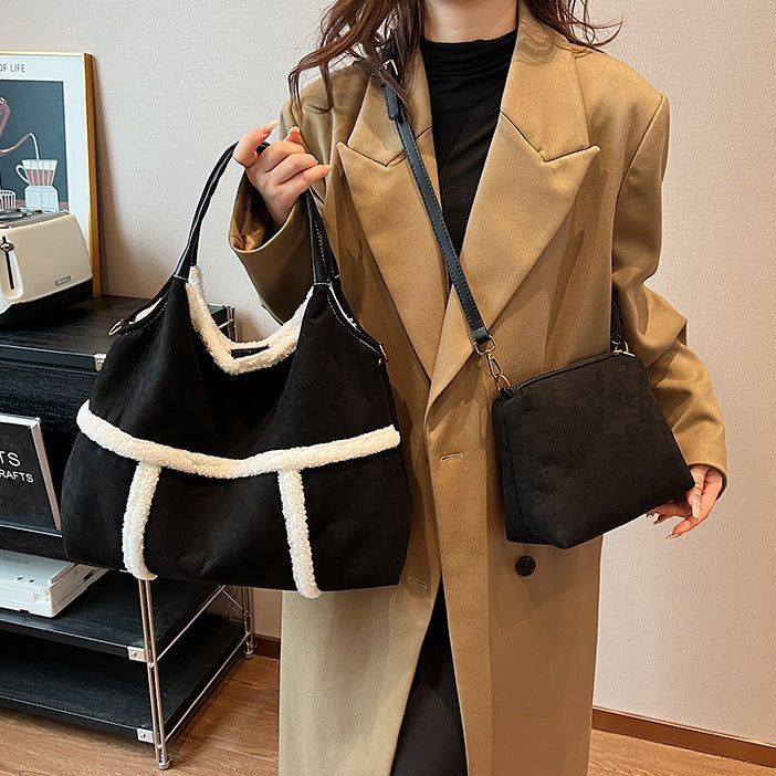 2pcs Women Plush Totes Casual Large-capacity Suede Handbag Winter Bags