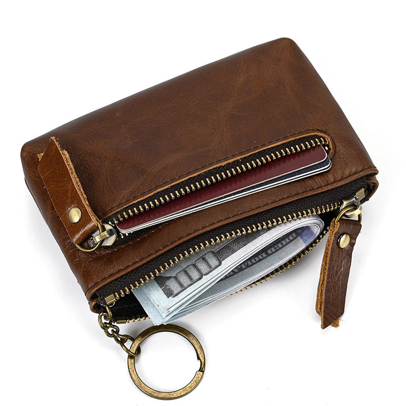 Retro Crazy Horse Leather Coin Purse With Key Ring