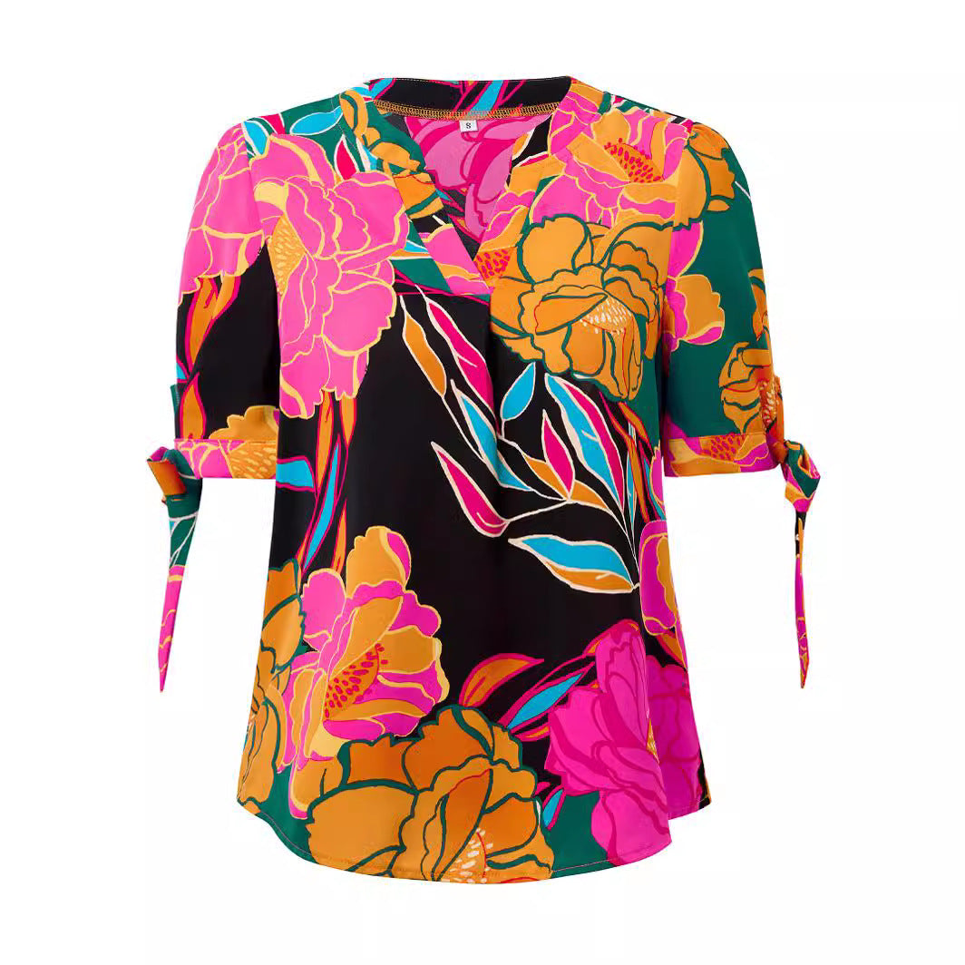Fashion Printed Casual 2V Collar Cuff Bundle Top