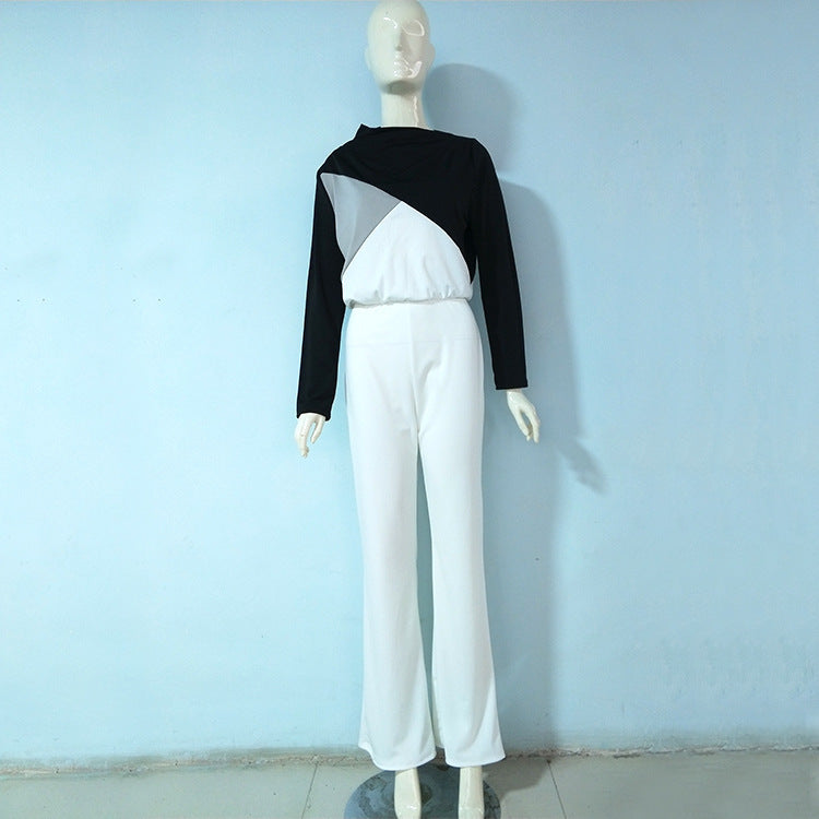 Black And White Color Matching Long Sleeve Creative Jumpsuit Amazon