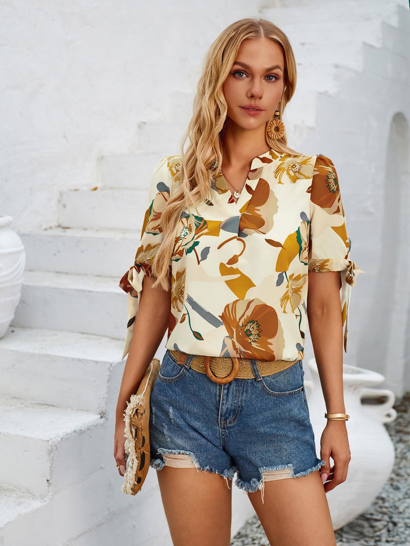 Fashion Printed Casual 2V Collar Cuff Bundle Top