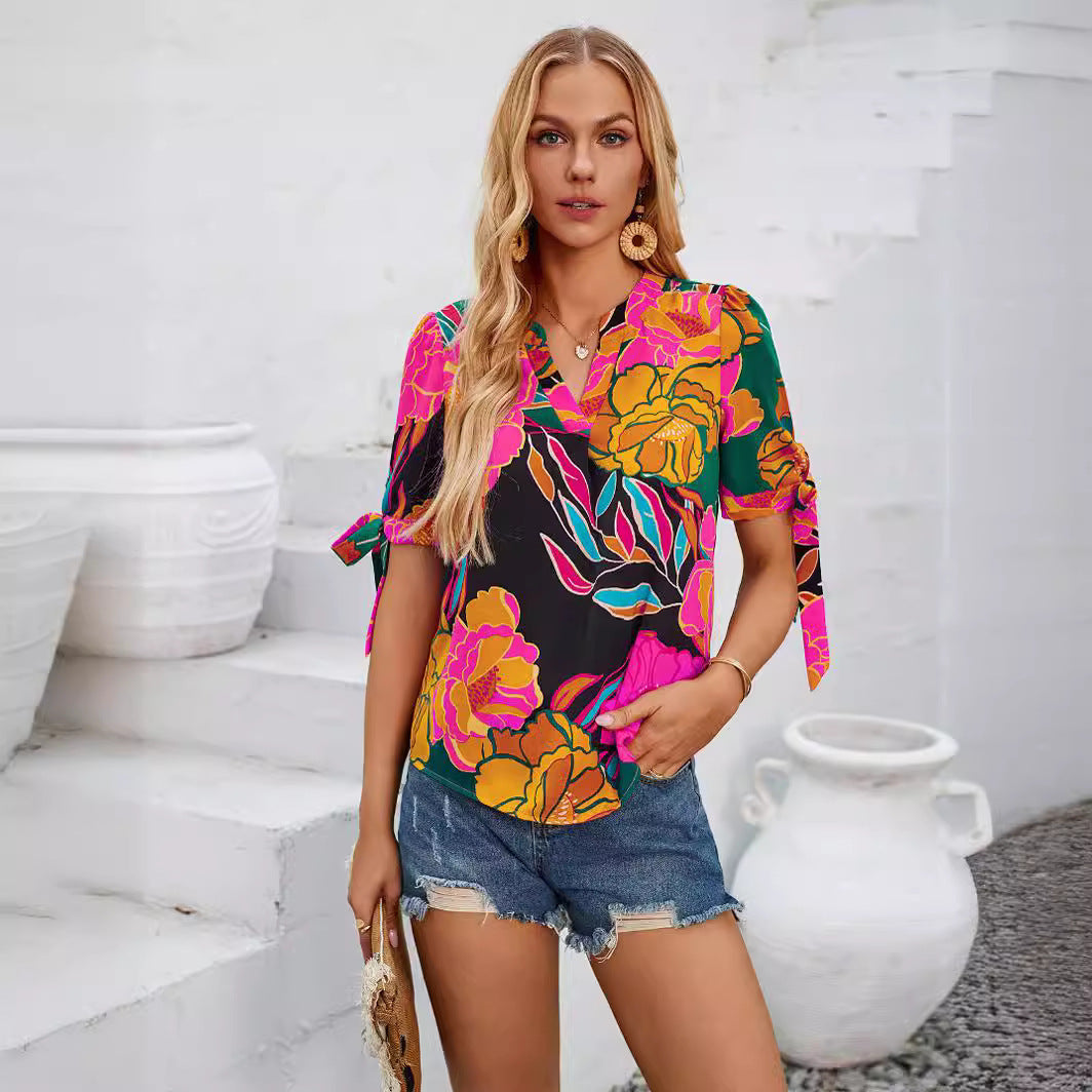 Fashion Printed Casual 2V Collar Cuff Bundle Top