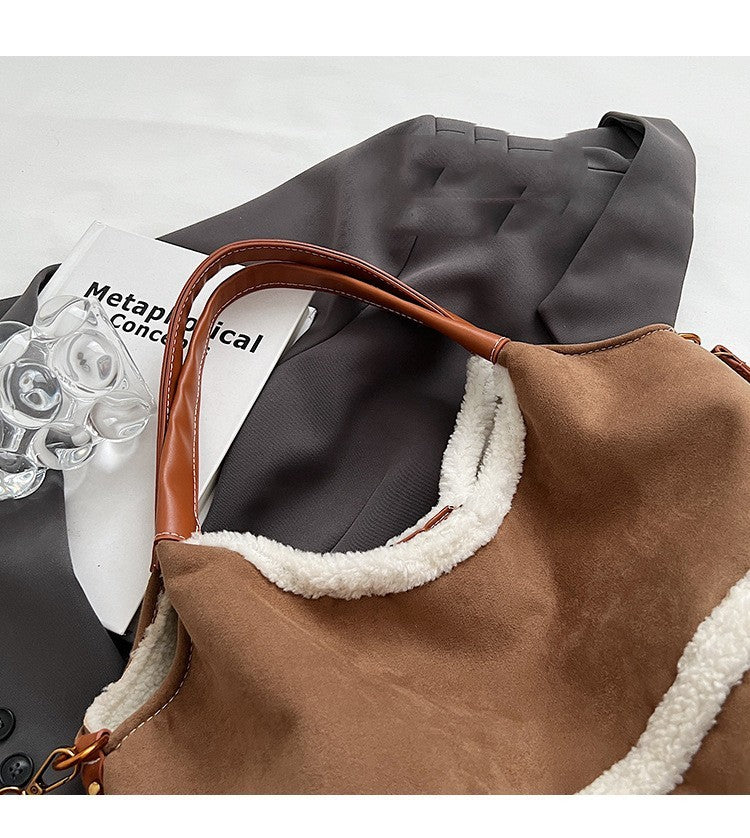 2pcs Women Plush Totes Casual Large-capacity Suede Handbag Winter Bags