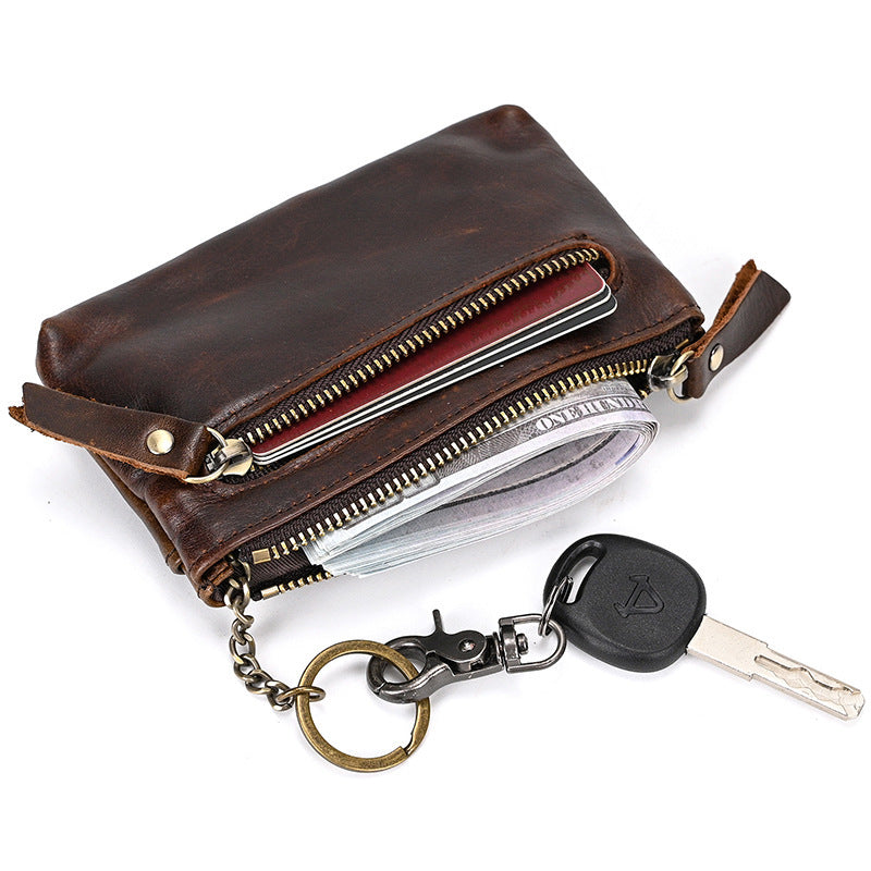 Retro Crazy Horse Leather Coin Purse With Key Ring