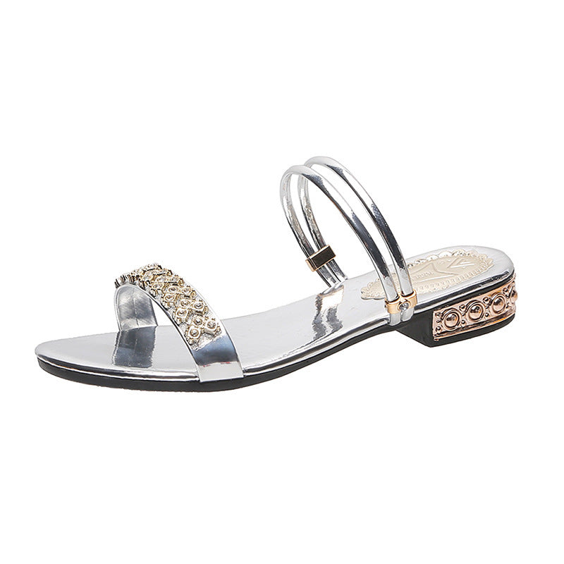 Korean Fashion Fairy Style Middle Heel Rhinestone Sandals